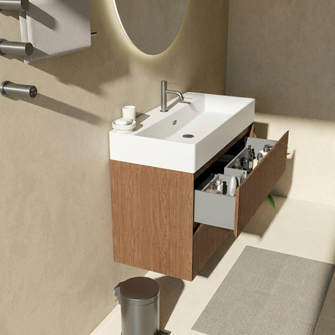Saniclass Holz Atelier Badkamermeubelset - 100x45x72cm - Legend keramische wastafel mat wit - 1 wasbak - 1 kraangat - 2 lades - mat walnut pure (hout) SW1579617