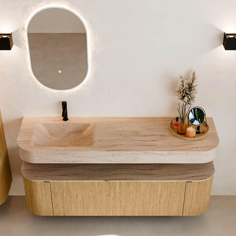 MONDIAZ THOR-DLUX 160cm meuble de salle de bains arrondi gauche + droite couleur Oak avec 1 tiroir et 2 portes. Vasque suspendue CLOUD Gauche 1 trou de robinet couleur Saba. SW1465326