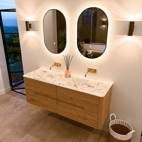 Mondiaz CIRO-DLUX Meuble de salle de bains - 140x45x50cm - Plan vasque solid surface Glace - 2 vasques Double - sans trous de robinet - 4 tiroirs - Chêne SW1530820