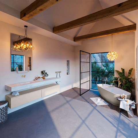 Mondiaz ALAN-DLUX Ensemble de meuble - 200cm - meuble Linen mat - 2 tiroirs - Lavabo Cloud Opalo suspendu - vasque Gauche - 0 trous de robinet SW806545