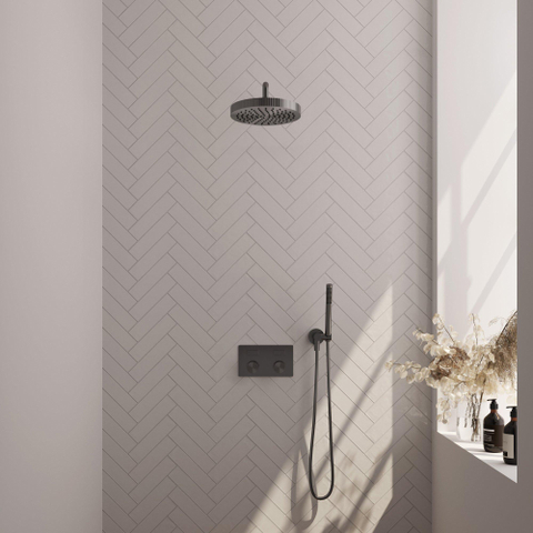 BRAUER Stripe Thermostatische Inbouw Regendouche - drukknoppen - SET 26 - 25cm douchekop - gebogen muurarm - staaf handdouche - doucheslang - wandaansluitbocht - gunmetal geborsteld PVD SW1435007
