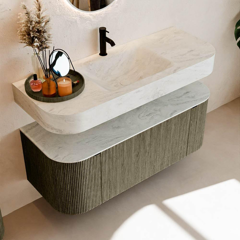MONDIAZ THOR-DLUX 120cm meuble de salle de bains arrondi gauche + droite couleur Shadow avec 1 tiroir et 2 portes. Vasque suspendue CLOUD Milieu 1 trou de robinet couleur Opalo. SW1463161