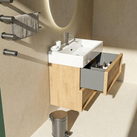Saniclass Holz Frame Badkamermeubelset - 80x45x72cm - Legend keramische wastafel wit - 1 wasbak - 1 kraangat - 2 lades - mat eiken natural (hout) SW1579976