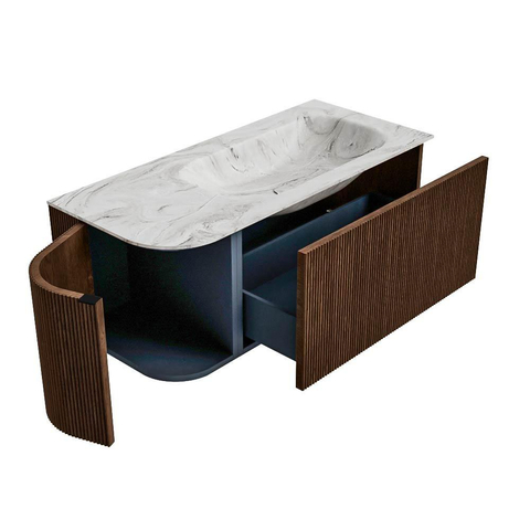 MONDIAZ KURVE-DLUX Meuble de salle de bains 105 cm avec module 25 L couleur Walnut avec 1 tiroir et 1 porte. Lavabo BIG SMALL à droite sans trou de robinet couleur Glace. SW1138051