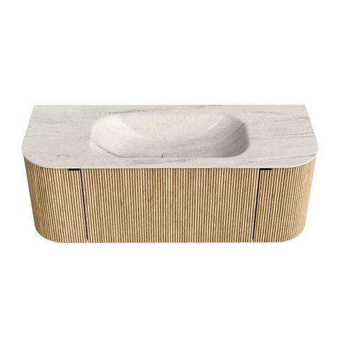 MONDIAZ KURVE-DLUX Meuble de salle de bains 120 cm arrondi Gauche + Droite couleur Chêne avec 1 tiroir et 2 portes. Lavabo BIG SMALL Central 1 trou de robinet Meli. SW1431613