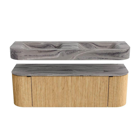 MONDIAZ THOR-DLUX Meuble de salle de bains 140cm arrondi gauche + droite couleur Oak avec 1 tiroir et 2 portes. Vasque suspendue CLOUD Double 2 trous de robinet couleur Sombra. SW1464408