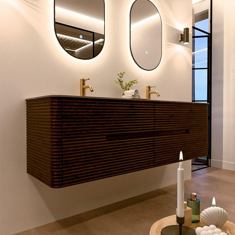 Mondiaz CIRO-DLUX Badkamermeubelset - 160x45x50cm - Solid surface wastafel Sombra - 2 wasbak Dubbel - 2 kraangaten - 4 lades - Walnut SW1530773