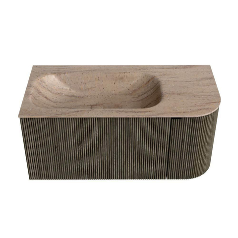 MONDIAZ KURVE-DLUX Meuble de salle de bains 95cm arrondi à droite couleur Shadow avec 1 tiroir et 1 porte. Lavabo BIG SMALL à gauche sans trou de robinet Saba. SW1433413