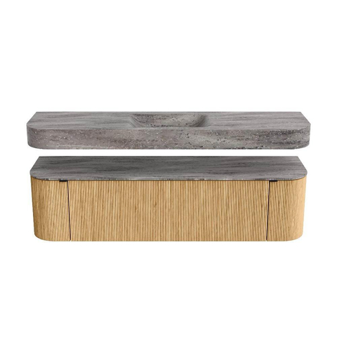 MONDIAZ THOR-DLUX 170cm badmeubel ronding links + rechts kleur Oak met 1 lade en 2 deuren. Vrijhangende wastafel CLOUD Midden zonder kraangat kleur Oza. SW1465693