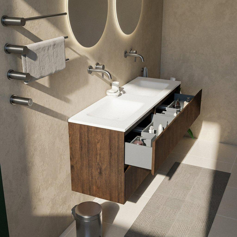 Saniclass Holz Atelier Badkamermeubelset - 140x45x77.5cm - Torino solid surface wastafel wit - zonder kraangat - 4 lades - mat eiken charcoal (hout) SW1478677