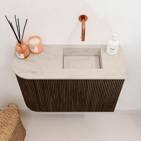 Mondiaz JOYA-DLUX Meuble de toilette 61,6cm - arrondi gauche couleur Noyer - Vasque FAYE position Droite Sans trou de robinet couleur Opalo. SW1422567