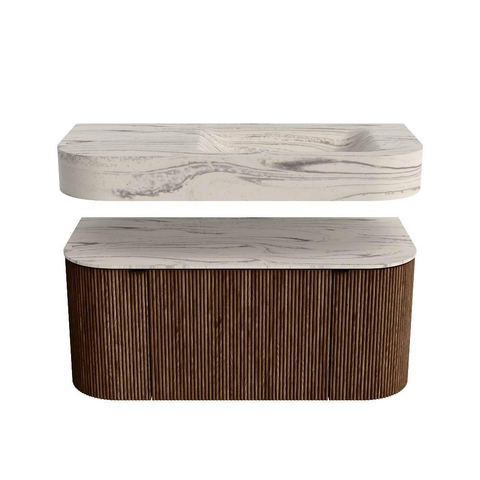 MONDIAZ THOR-DLUX 100cm meuble de salle de bains arrondi gauche + droite couleur Walnut avec 1 tiroir et 2 portes. Vasque suspendue CLOUD droite 1 trou de robinet couleur Nata. SW1467507