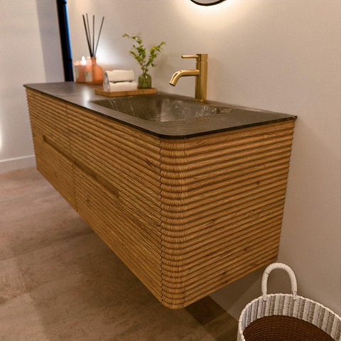 Mondiaz CIRO-DLUX Badkamermeubelset - 150x45x50cm - Solid surface wastafel Lava - 1 wasbak Rechts - 1 kraangat - 4 lades - Oak SW1531113