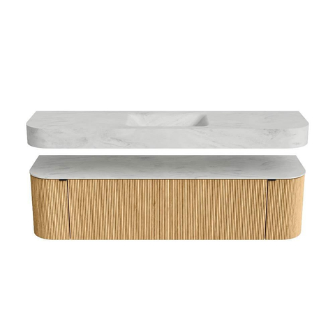 MONDIAZ THOR-DLUX Meuble de salle de bains - 170cm - arrondi gauche + droite - couleur Oak - 1 tiroir - 2 portes - Vasque suspendue CLOUD Milieu sans trou de robinet - couleur Opalo SW1465447