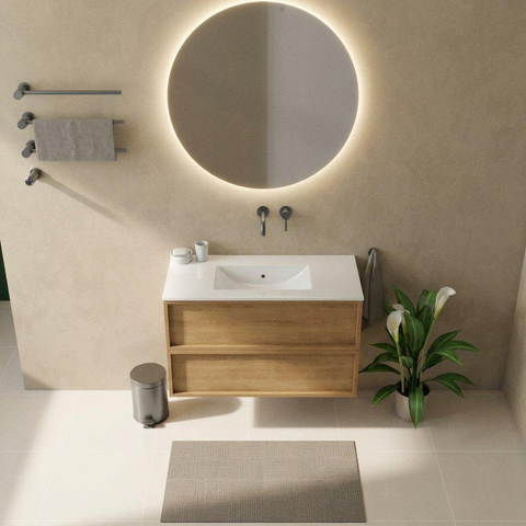 Saniclass Holz Frame Badkamermeubelset - 100x45x62cm - Vygo keramische wastafel wit - 1 wasbak - zonder kraangat - 2 lades - mat eiken natural (hout) SW1483391