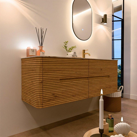 Mondiaz CIRO-DLUX Ensemble de meubles de salle de bains - 140x45x50cm - Vasque solid surface Frappe - 1 lavabo à droite - 1 trou de robinet - 4 tiroirs - Chêne SW1530878