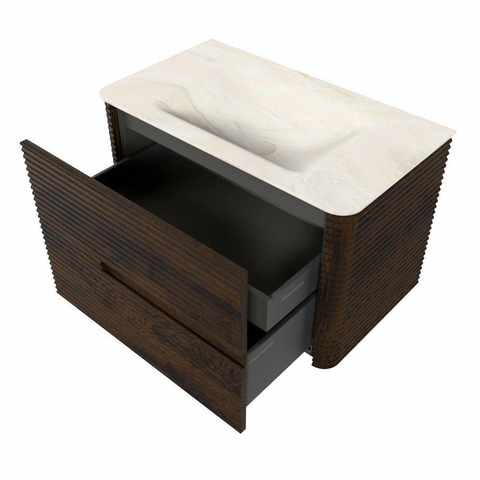 Mondiaz CIRO-DLUX Badkamermeubelset - 80x45x50cm - Solid surface wastafel Ostra - 1 wasbak Midden - zonder kraangaten - 2 lades - Walnut SW1530340