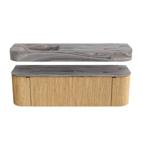 MONDIAZ THOR-DLUX 150cm badmeubel ronding links + rechts kleur Oak met 1 lade en 2 deuren. Vrijhangende wastafel CLOUD Links 1 kraangat kleur Sombra. SW1464960