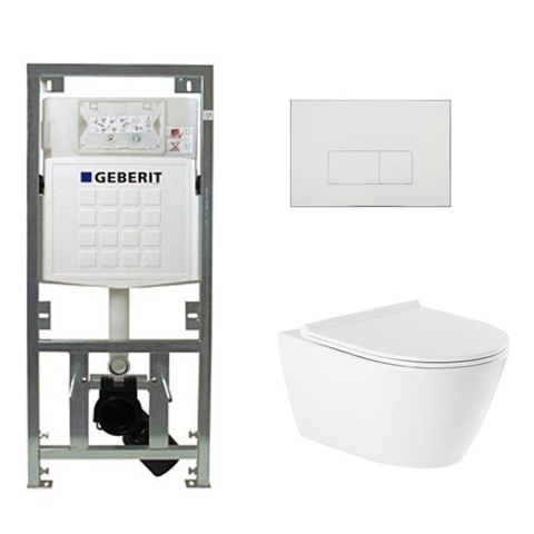 QeramiQ Salina Toiletset - rimless - Geberit inbouwreservoir - diepspoel wandcloset - softclose - quickrelease - bedieningspaneel - met rechthoekige knoppen - wit glans SW791646