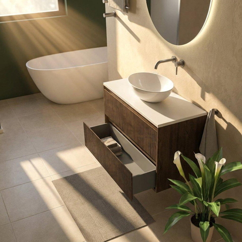 Saniclass Holz Atelier Ensemble de meubles de salle de bains - 100x45x62.5cm - Plan de toilette Torino en solid surface blanc - sans trou de robinetterie - 2 tiroirs - chêne charcoal mat (bois) SW1478701