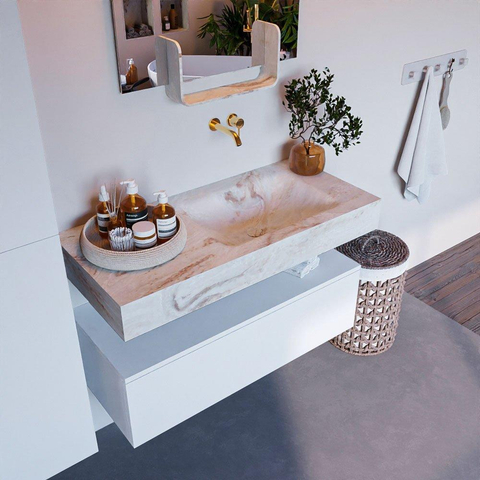 Mondiaz ALAN-DLUX Ensemble de meuble - 100cm - meuble Talc mat - 1 tiroir - Lavabo Cloud Frappe suspendu - vasque Droite - 0 trous de robinet SW805051