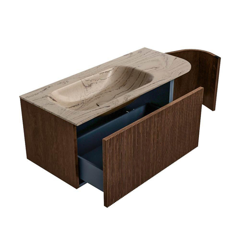 MONDIAZ KURVE-DLUX 105cm badmeubel ronding Rechts kleur Walnut met 1 lade en 1 deur. Wastafel BIG SMALL Links 1 kraangat Arena. SW1431187