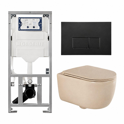 QeramiQ Dely Swirl Toiletset - 36.3x51.7cm - Geberit UP320 inbouwreservoir - met Burda frame - slim zitting - mat zwarte bedieningsplaat - rechthoekige knoppen - mat beige SW1130213