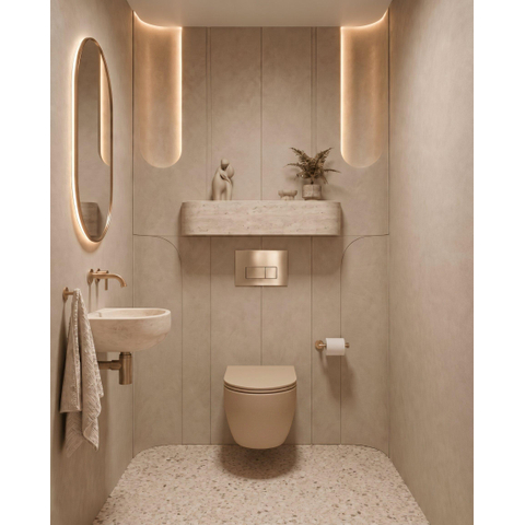 QeramiQ Dely Ensemble de toilette - 36.3x51.7cm - cuvette profonde - sans bride - réservoir encastré Geberit UP720 - abattant de toilette softclose - plaque de commande laiton brossé - boutons rectangulaires - beige mat SW1426535