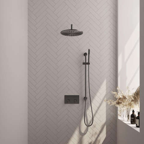 BRAUER gunmetal Carving Thermostatische Regendouche inbouw - drukknoppen - SET 64 - 30cm hoofddouche - gebogen muurarm - staaf handdouche - doucheslang - geïntegreerde glijstang - gunmetal geborsteld PVD SW925696