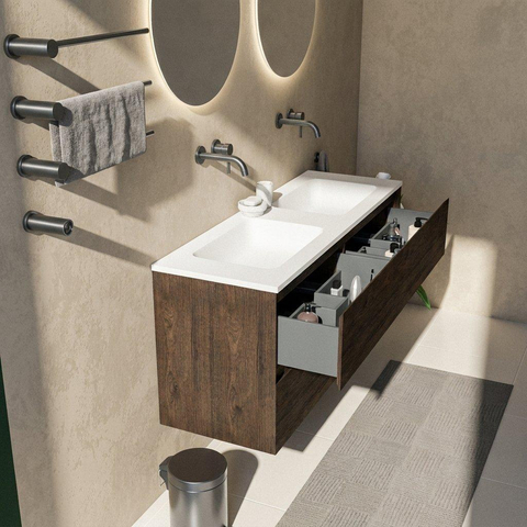 Saniclass Holz Pure Badkamermeubelset - 140x45x77.5cm - Torino solid surface wastafel wit - zonder kraangat - 4 lades - mat eiken charcoal (hout) SW1478682