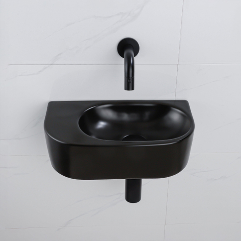 QeramiQ Fuente pack lave-mains – demi-rond – 40 x 21,5 x 12 cm – céramique noir mat – sans perçage – robinet noir mat SW1233084