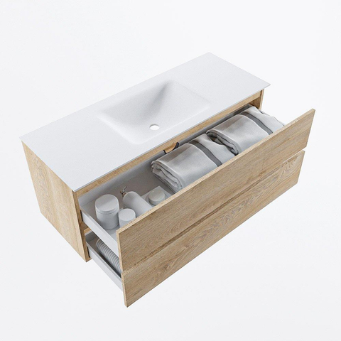 MONDIAZ VICA meuble sous lavabo 120cm Chêne blanchi 2 tiroirs. Lavabo CLOUD centre 1 trou de robinet, couleur Talc. SW1381901