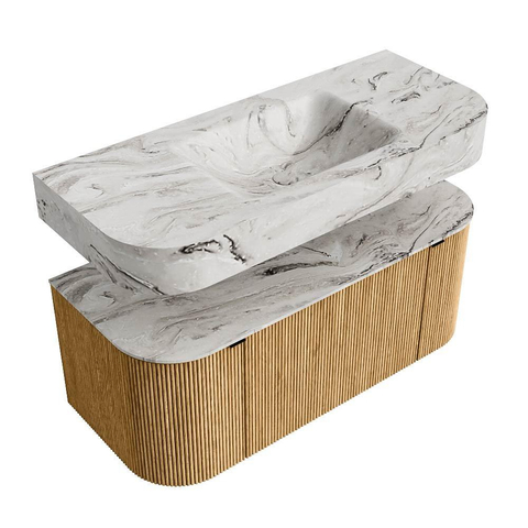 MONDIAZ THOR-DLUX Meuble de salle de bains 110cm arrondi gauche + droite couleur Oak avec 1 tiroir et 2 portes. Vasque suspendue CLOUD Milieu 1 trou de robinet couleur Glace. SW1462745