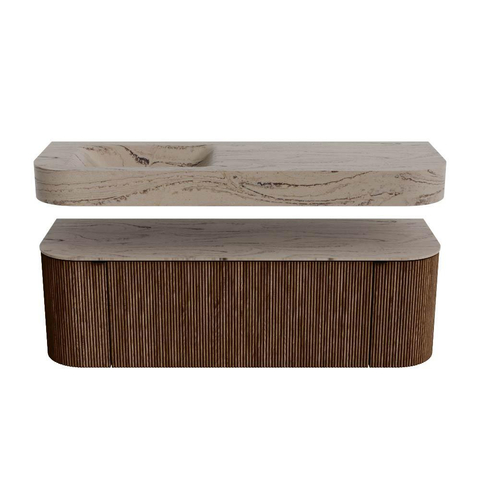 MONDIAZ THOR-DLUX 140cm meuble de salle de bains arrondi gauche + droite couleur Walnut avec 1 tiroir et 2 portes. Vasque suspendue CLOUD gauche sans trou de robinet couleur Arena. SW1464471