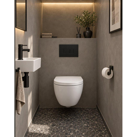 QeramiQ Dely Swirl Compact Toiletset - inbouwreservoir QeramiQ flush - 25mm zitting - kunststof bedieningsplaat mat zwart - rechthoekige knoppen - glans wit SW1590540