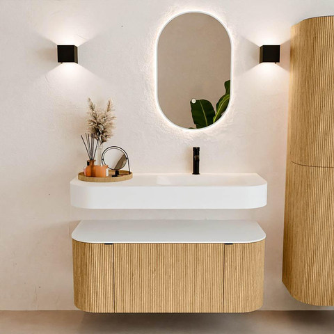 MONDIAZ THOR 110cm badmeubel ronding links + rechts kleur Oak met 1 lade en 2 deuren. Vrijhangende wastafel CLOUD Rechts 1 kraangat kleur Talc. SW1462725