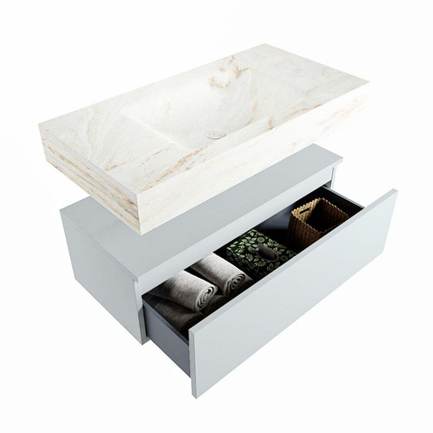 Mondiaz ALAN-DLUX Ensemble de meuble - 90cm - meuble Clay mat - 1 tiroir - Lavabo Cloud Frappe suspendu - vasque Centre - 1 trou de robinet SW805263