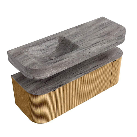 MONDIAZ THOR-DLUX 130cm meuble de salle de bains arrondi gauche + droite couleur Oak avec 1 tiroir et 2 portes. Vasque suspendue CLOUD Gauche sans trou de robinet couleur Oza. SW1463954