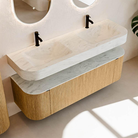 MONDIAZ THOR-DLUX 150cm badmeubel ronding links + rechts kleur Oak met 1 lade en 2 deuren. Vrijhangende wastafel CLOUD Dubbel 2 kraangaten kleur Opalo. SW1464636