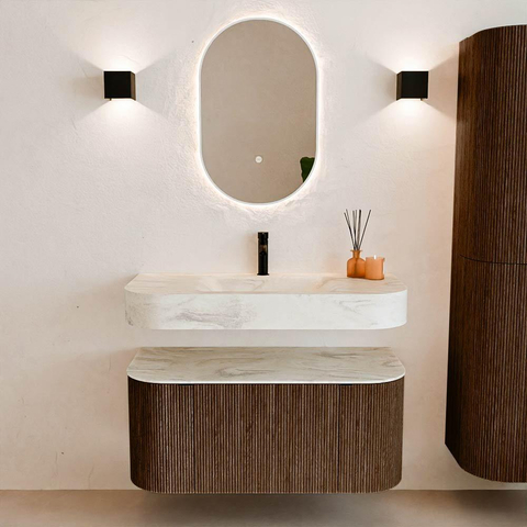 MONDIAZ THOR-DLUX 100cm meuble de salle de bains arrondi gauche + droite couleur Walnut avec 1 tiroir et 2 portes. Vasque suspendue CLOUD Milieu 1 trou de robinet couleur Ostra. SW1467388