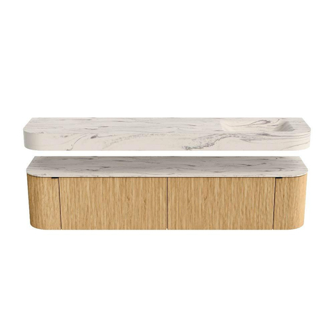 MONDIAZ THOR-DLUX 200cm meuble de salle de bains arrondi gauche + droite couleur Oak avec 2 tiroirs et 2 portes. Vasque suspendue CLOUD Droite sans trou de robinet couleur Nata. SW1467137
