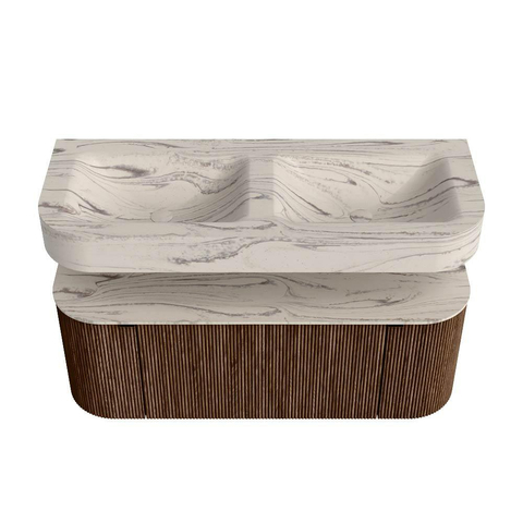 MONDIAZ THOR-DLUX 120cm badmeubel ronding links + rechts kleur Walnut met 1 lade en 2 deuren. Vrijhangende wastafel CLOUD Dubbel 2 kraangaten kleur Nata. SW1463349