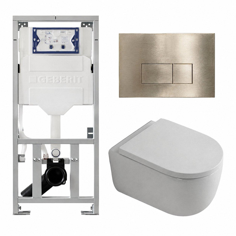 QeramiQ Dely Swirl Toiletset - 36.3x51.7cm - diepspoel - rimless - Geberit UP320 inbouwreservoir - met Burda frame - 35mm zitting - geborsteld messing bedieningsplaat - rechtehoekige knoppen - mat wit SW1138643
