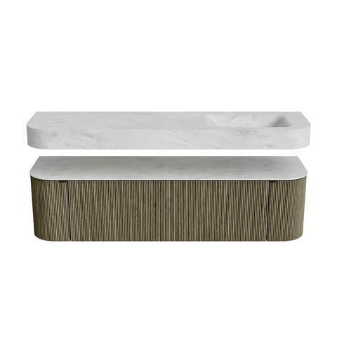 MONDIAZ THOR-DLUX 170cm meuble de salle de bains arrondi gauche + droite couleur Shadow avec 1 tiroir et 2 portes. Vasque suspendue CLOUD Droite 1 trou de robinet couleur Opalo. SW1465525