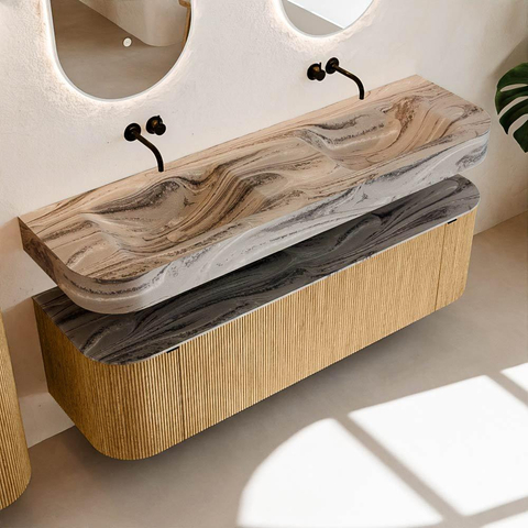 MONDIAZ THOR-DLUX 160cm meuble de salle de bains arrondi gauche + droite couleur Oak avec 1 tiroir et 2 portes. Vasque suspendue CLOUD Double sans trou de robinet couleur Sombra. SW1465364