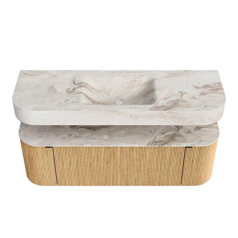 MONDIAZ THOR-DLUX 140cm meuble de salle de bains arrondi gauche + droite couleur Oak avec 1 tiroir et 2 portes. Vasque suspendue CLOUD Milieu 1 trou de robinet couleur Frappe. SW1463913