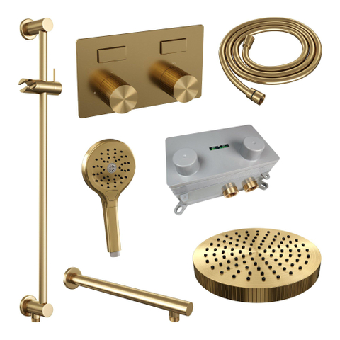 BRAUER Stripe Thermostatische Inbouw Regendouche - drukknoppen - 25cm douchekop - rechte muurarm - 3-standen handdouche - doucheslang - geïntegreerde glijstang - goud geborsteld PVD SW1435201