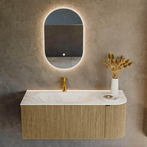 Mondiaz KURVE-DLUX Ensemble de meuble de salle de bains - 115x46x40cm - 1 tiroir - 1 porte - lavabo solid surface - gauche - 1 trou de robinet - Dusk SW1415146