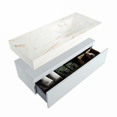 Mondiaz ALAN-DLUX Ensemble de meuble - 110cm - meuble Clay mat - 1 tiroir - Lavabo Cloud Frappe suspendu - vasque Droite - 0 trous de robinet SW804912