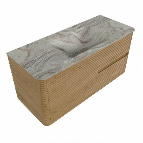 Mondiaz CIRO-DLUX Meuble de salle de bains - 110x45x50cm - Plan vasque solid surface Glace - 1 lavabo central - 1 trou de robinetterie - 2 tiroirs - Chêne SW1530802